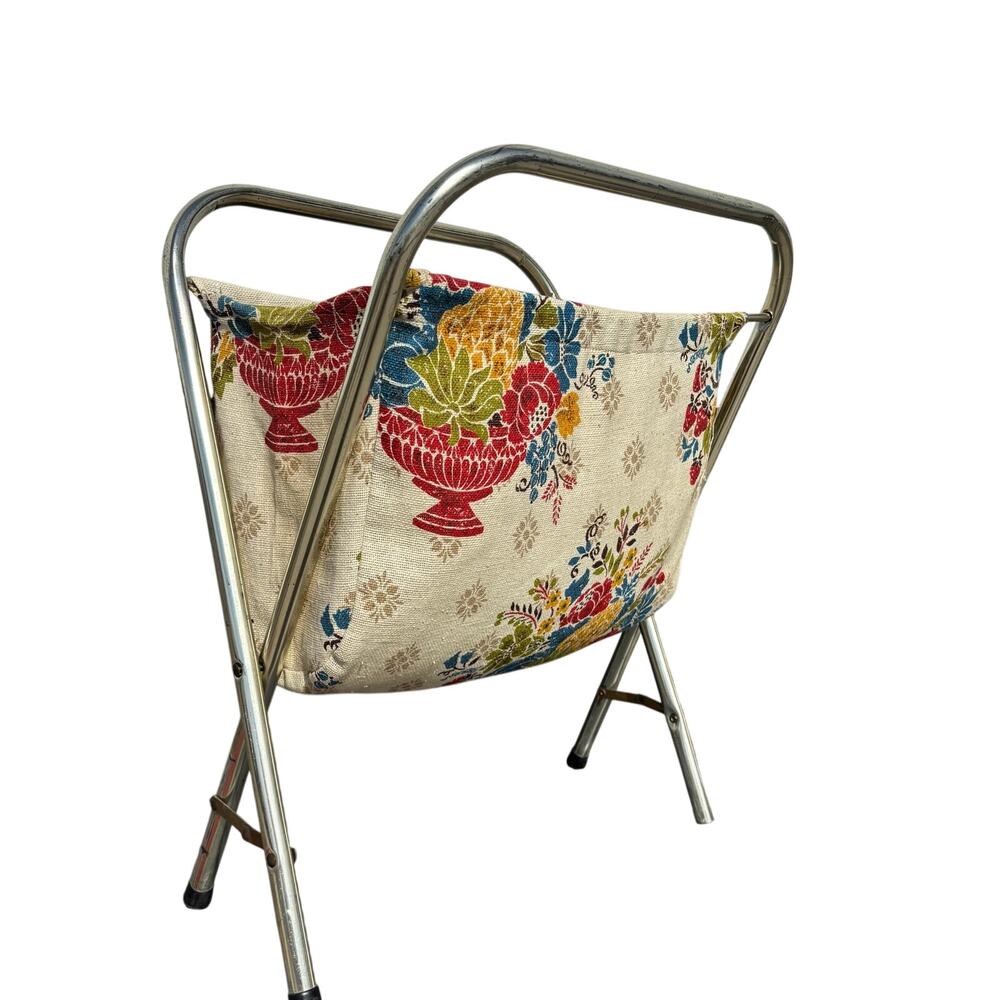 Vtg.Midcentury Foldable Knitting Sewing Basket Tote w Floral Barkcloth Gold Legs
